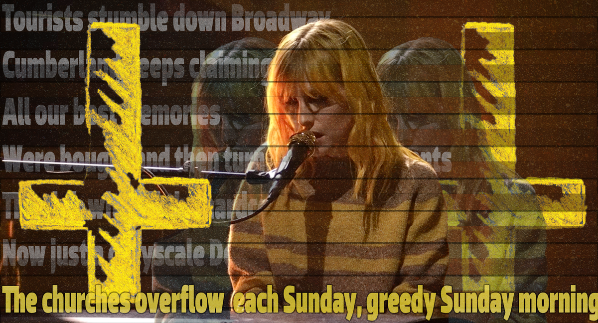 Fuzzy image of Hayley Williams singing in a striped sweater. Scanlines cut the image and ghostly versions of Williams sit behind her. An upside down yellow cross sits in front and behind.