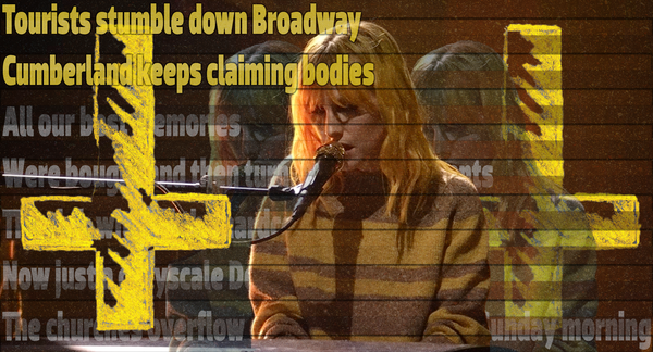 Fuzzy image of Hayley Williams singing in a striped sweater. Scanlines cut the image and ghostly versions of Williams sit behind her. An upside down yellow cross sits in front and behind.