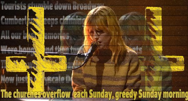 Fuzzy image of Hayley Williams singing in a striped sweater. Scanlines cut the image and ghostly versions of Williams sit behind her. An upside down yellow cross sits in front and behind.