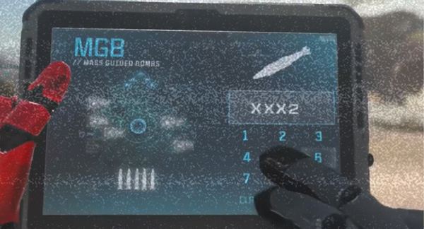 screenshot from a call of duty screen, showing the perspective of the player calling in a Mass Guided Bombs killstreak. a static tv grain has been overlaid on top